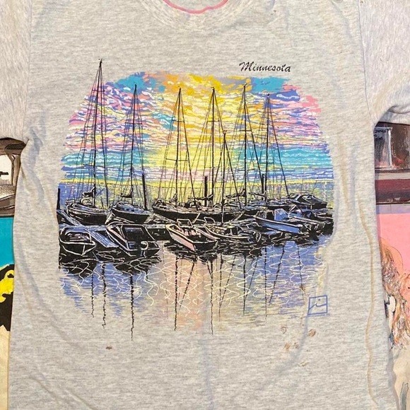 Vintage 90s Minnesota Lake Sunset Colorful T Shirt - Picture 3 of 8